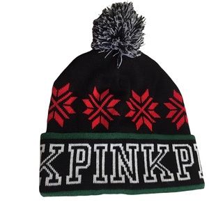 PINK Victoria’s Secret Cuffed Beanie toboggan with pom pom Holiday Snowflake NEW